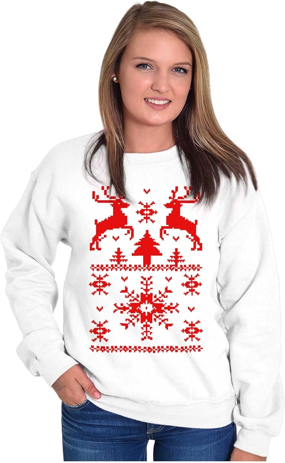 image:imageBrisco Brands Ugly Christmas Reindeer Pattern Sweatshirt for Men or WomenWhite