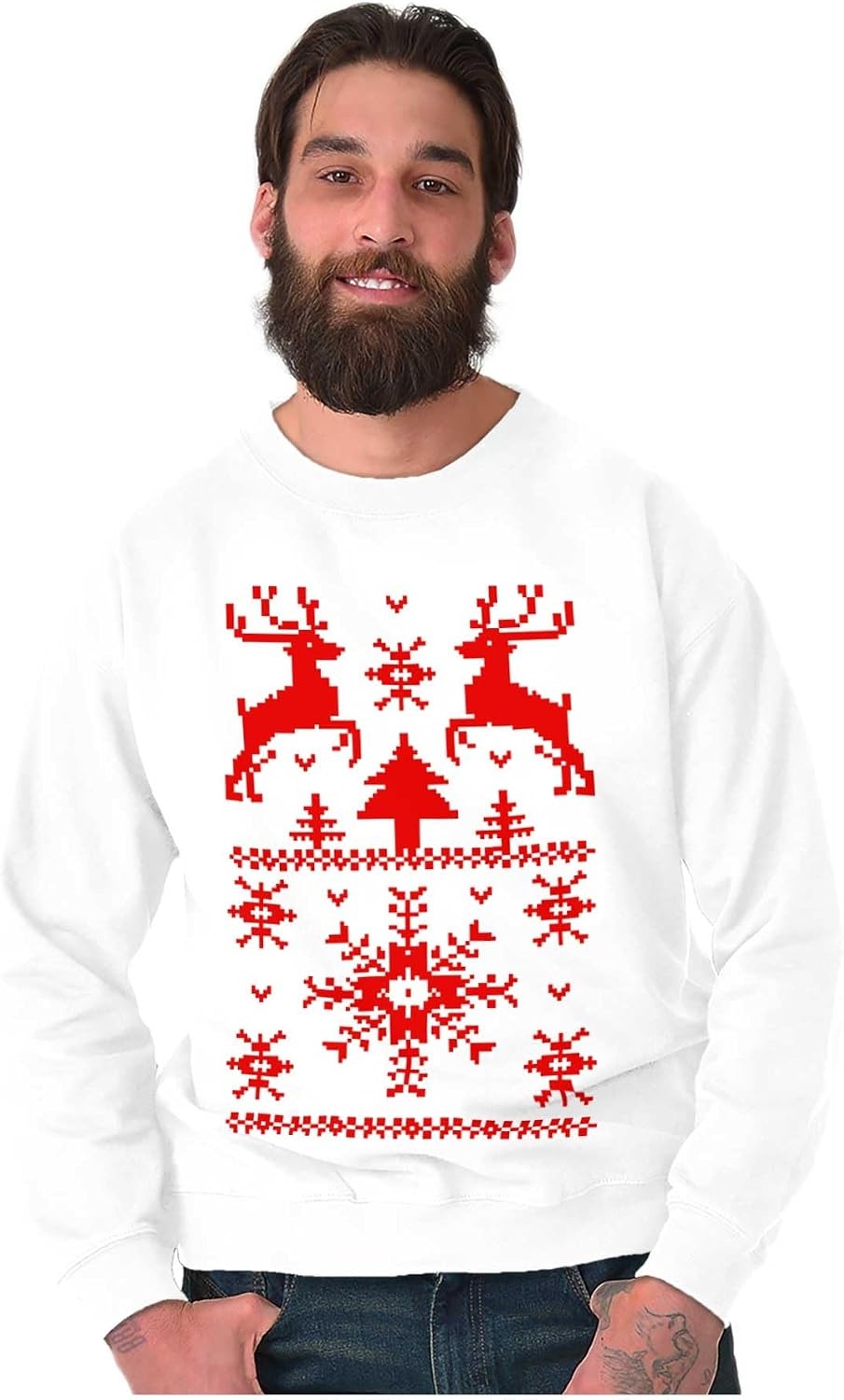 image:imageBrisco Brands Ugly Christmas Reindeer Pattern Sweatshirt for Men or WomenWhite