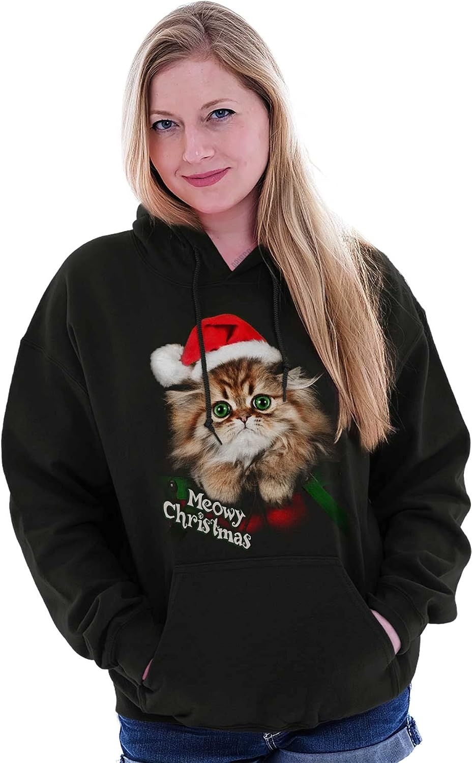 image:imageClassic Teaze Xmas Meowy Christmas Santa Hat Cat Hoodie Sweatshirt WomenMeowy Christmas