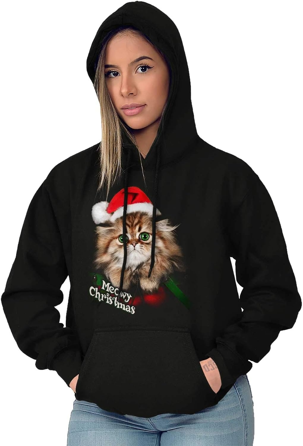 image:imageClassic Teaze Xmas Meowy Christmas Santa Hat Cat Hoodie Sweatshirt WomenMeowy Christmas