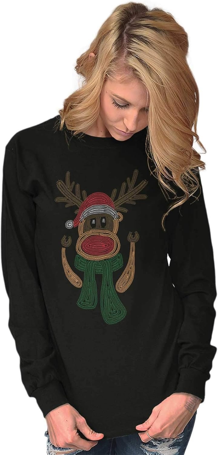 image:imageRudolph Red Nose Reindeer Knit Print Long Sleeve Tshirt Men WomenBlack