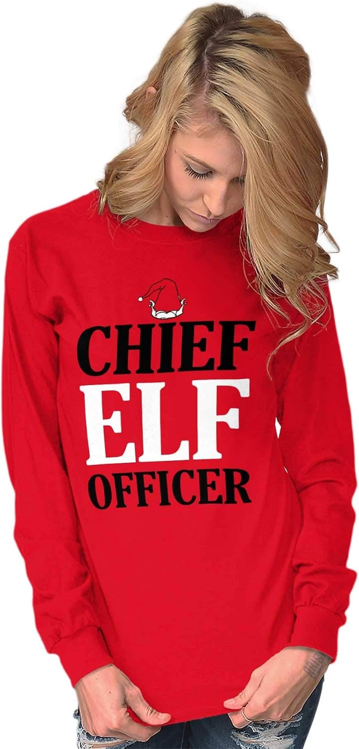 image:imageXmas Chief Elf Officer Santa Helper Long Sleeve Tshirt Men WomenRed