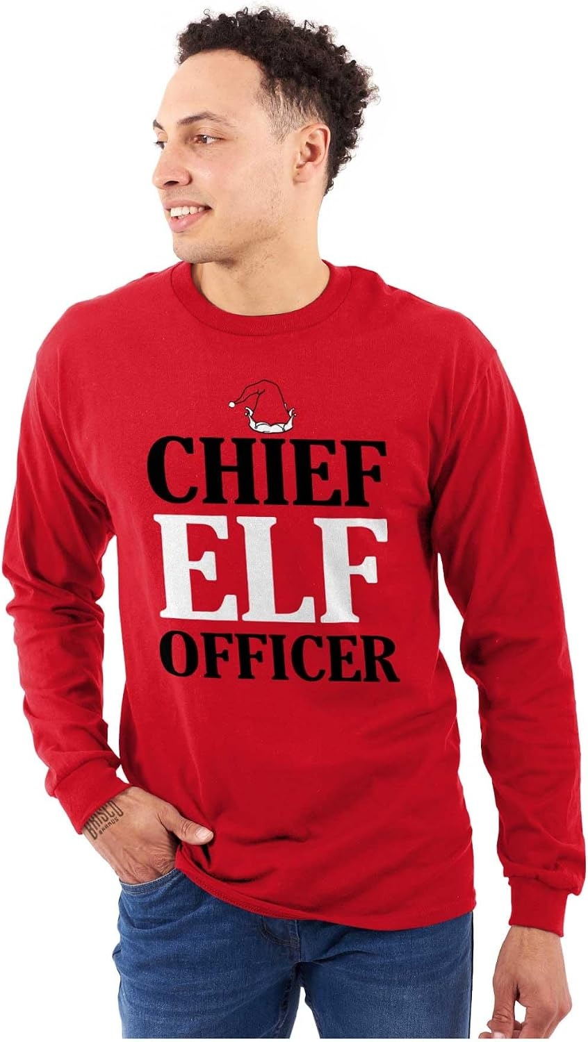 image:imageXmas Chief Elf Officer Santa Helper Long Sleeve Tshirt Men WomenRed