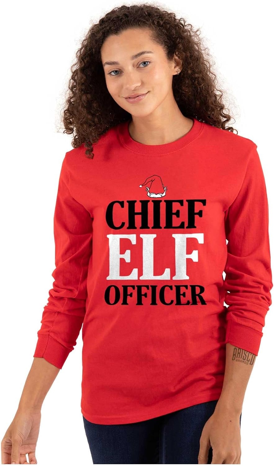 image:imageXmas Chief Elf Officer Santa Helper Long Sleeve Tshirt Men WomenRed