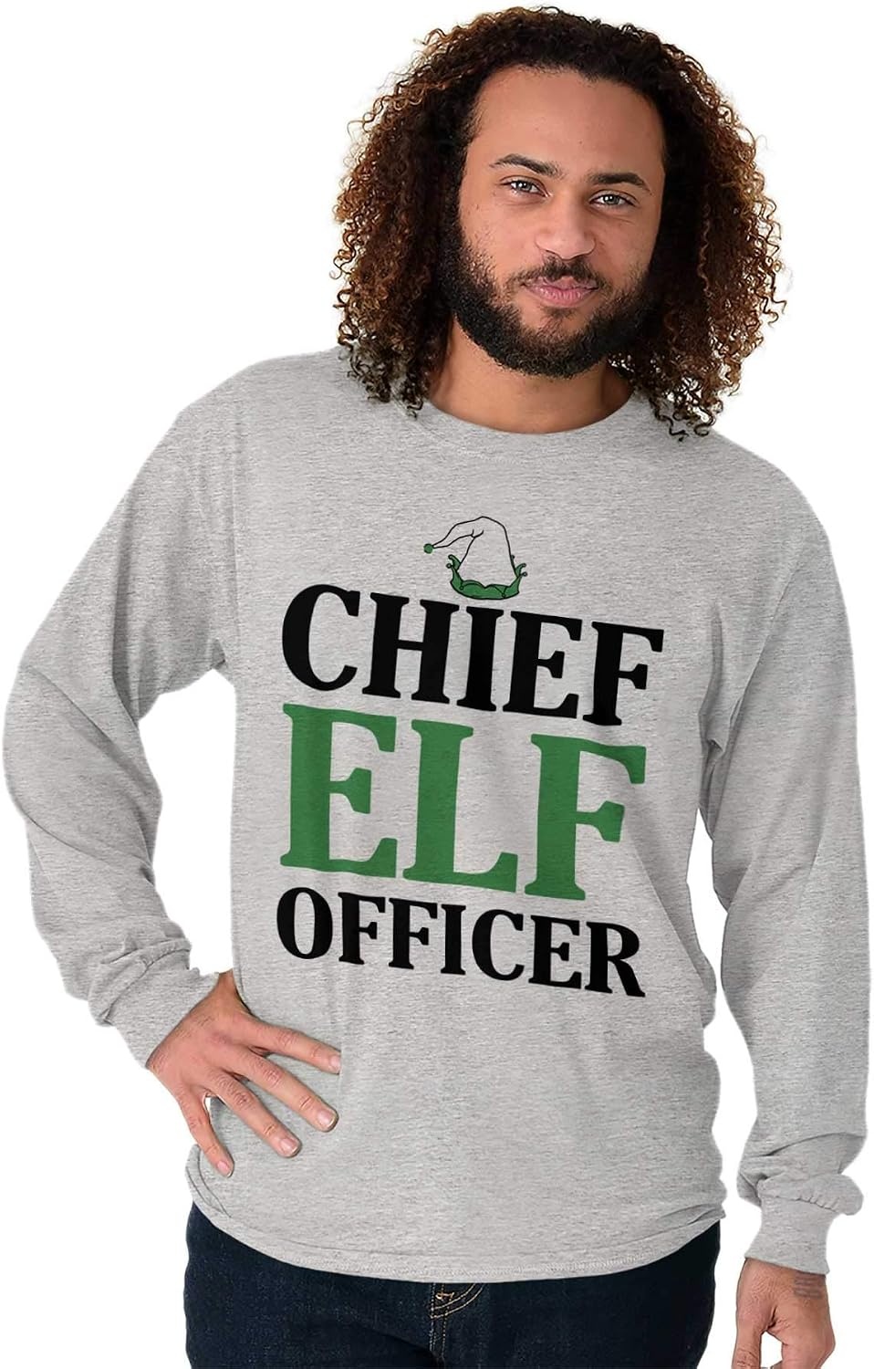image:imageXmas Chief Elf Officer Santa Helper Long Sleeve Tshirt Men WomenSport Grey