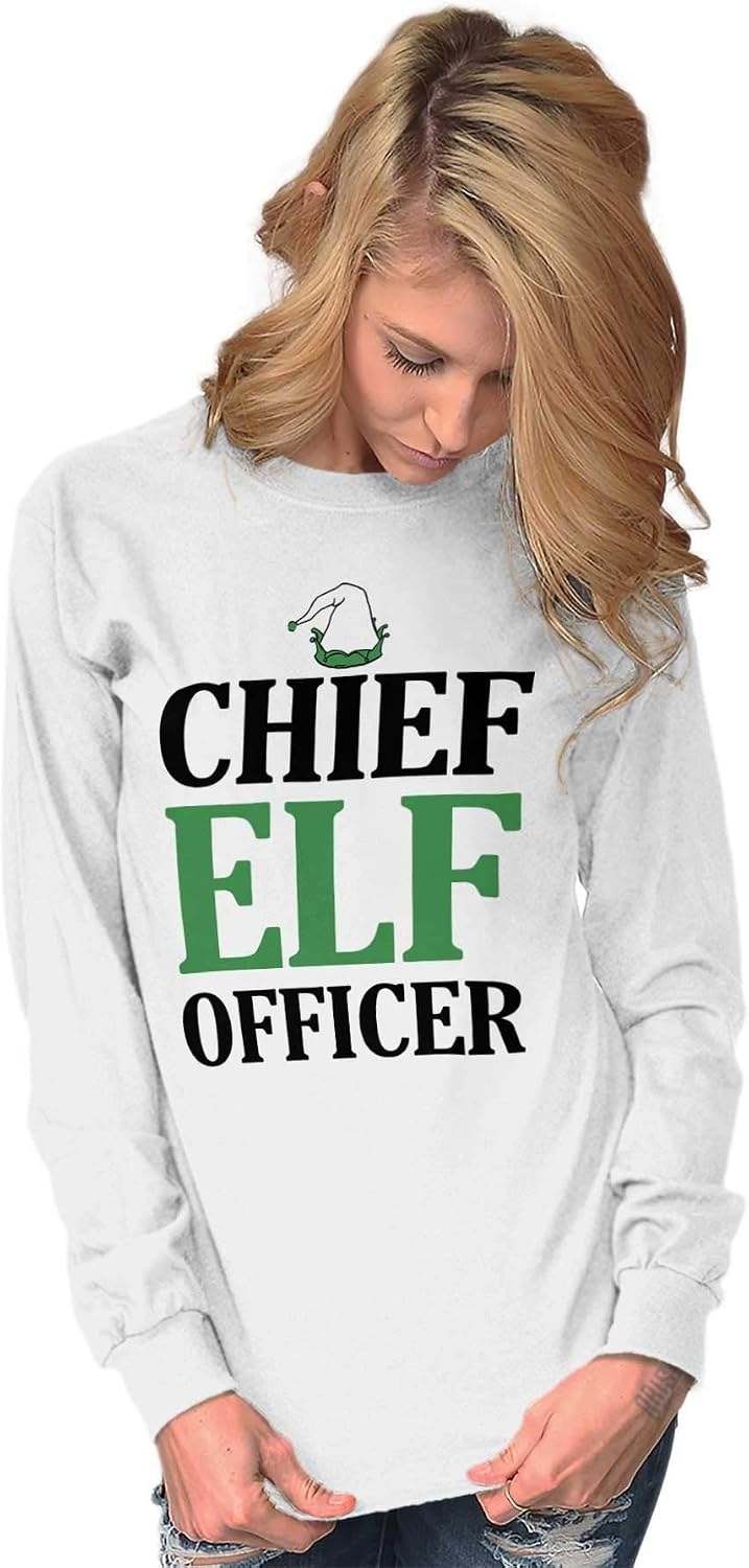 image:imageXmas Chief Elf Officer Santa Helper Long Sleeve Tshirt Men WomenWhite