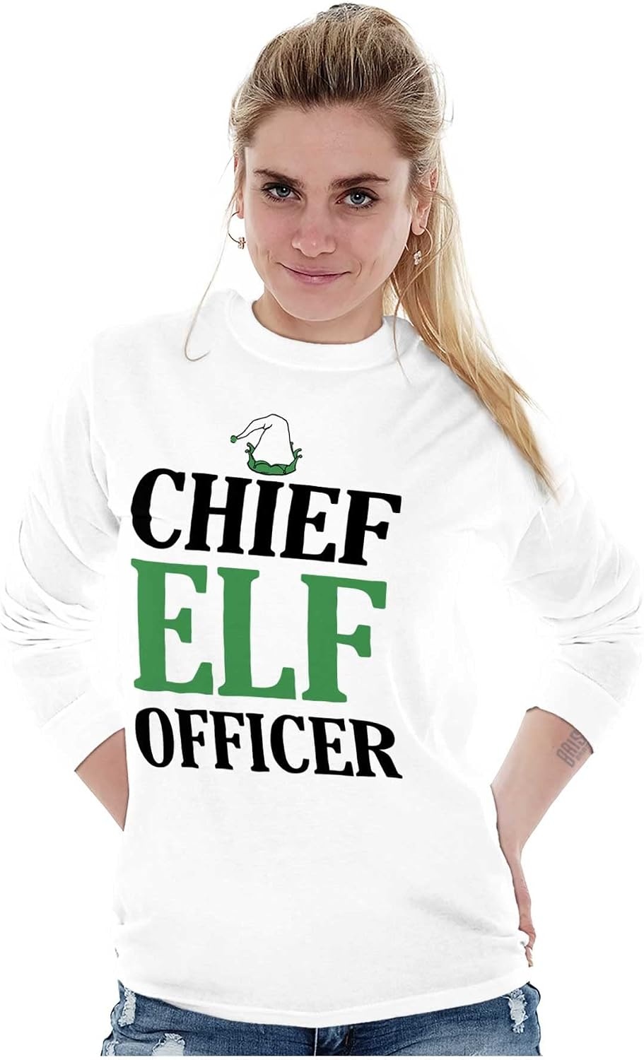 image:imageXmas Chief Elf Officer Santa Helper Long Sleeve Tshirt Men WomenWhite