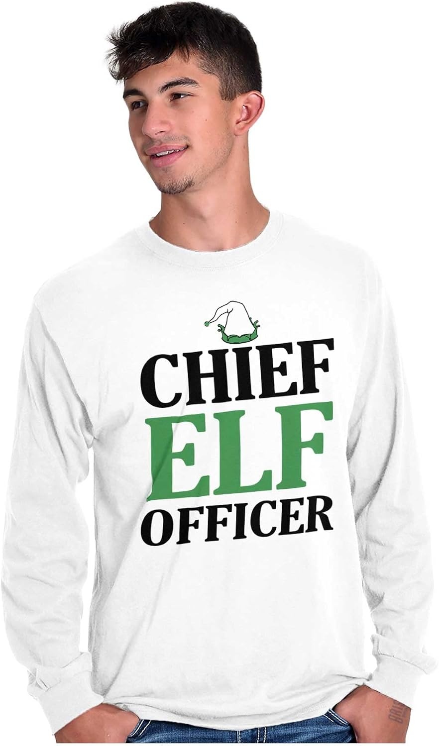 image:imageXmas Chief Elf Officer Santa Helper Long Sleeve Tshirt Men WomenWhite