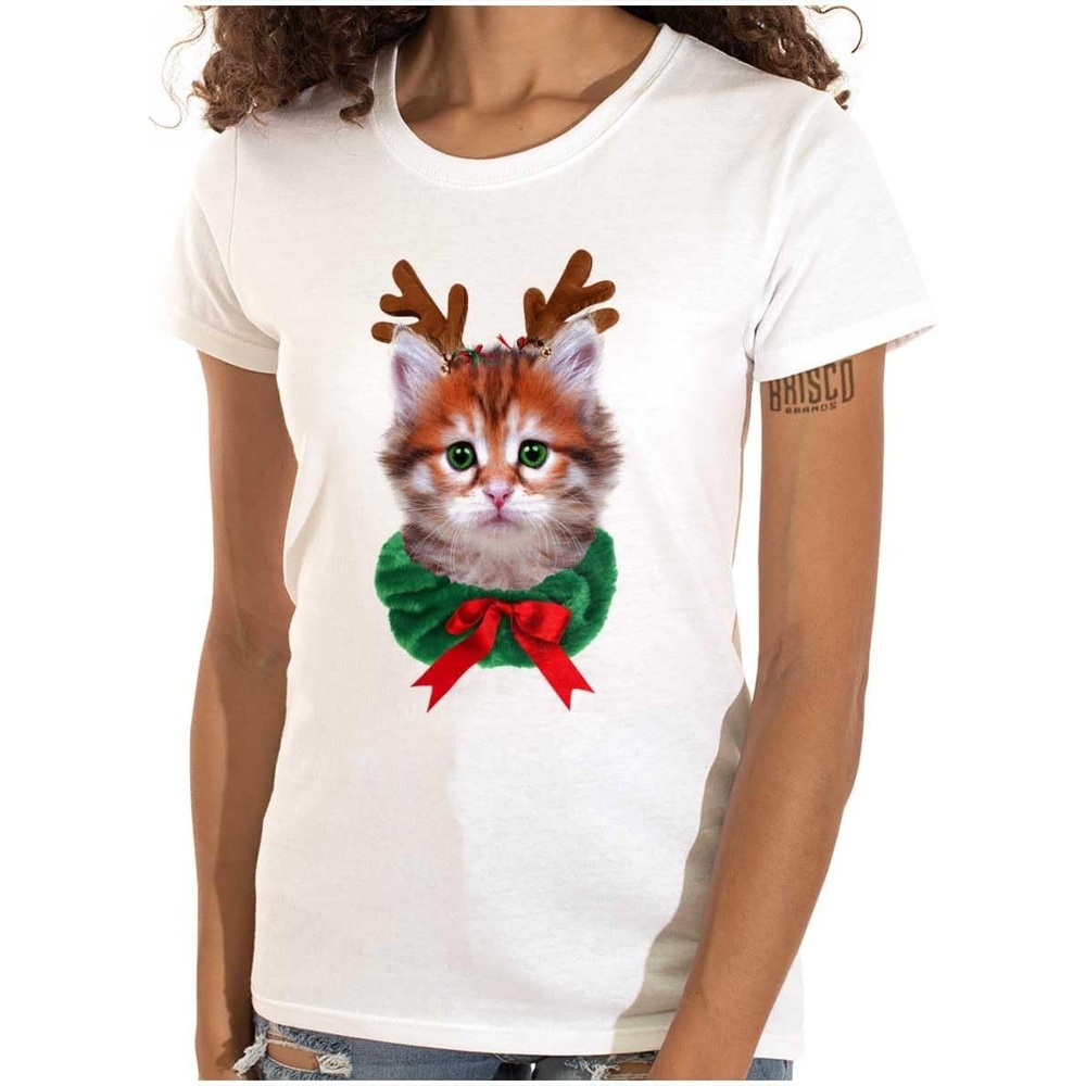 image:imageBrisco Brands Christmas Reindeer Kitten Adorable Womens Slim Fit Graphic Tee