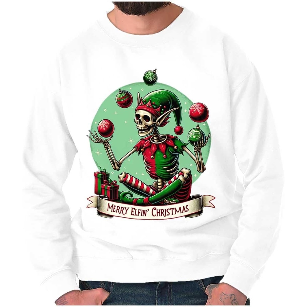 image:imageBrisco Brands Christmas Skeleton Juggling Elf Sweatshirt for Men or WomenWhite