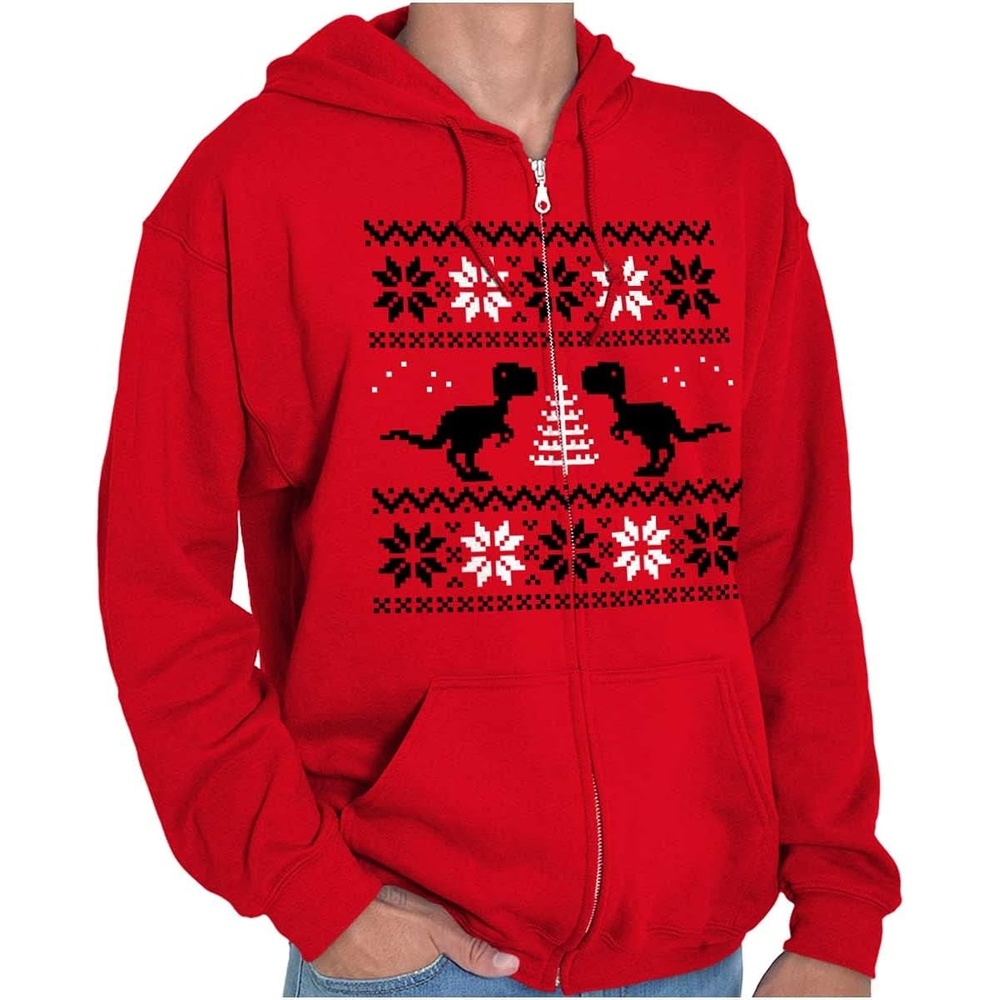 image:imageBrisco Brands Christmas TRex Dinosaur Party Zip Up Hoodie Mens Womens