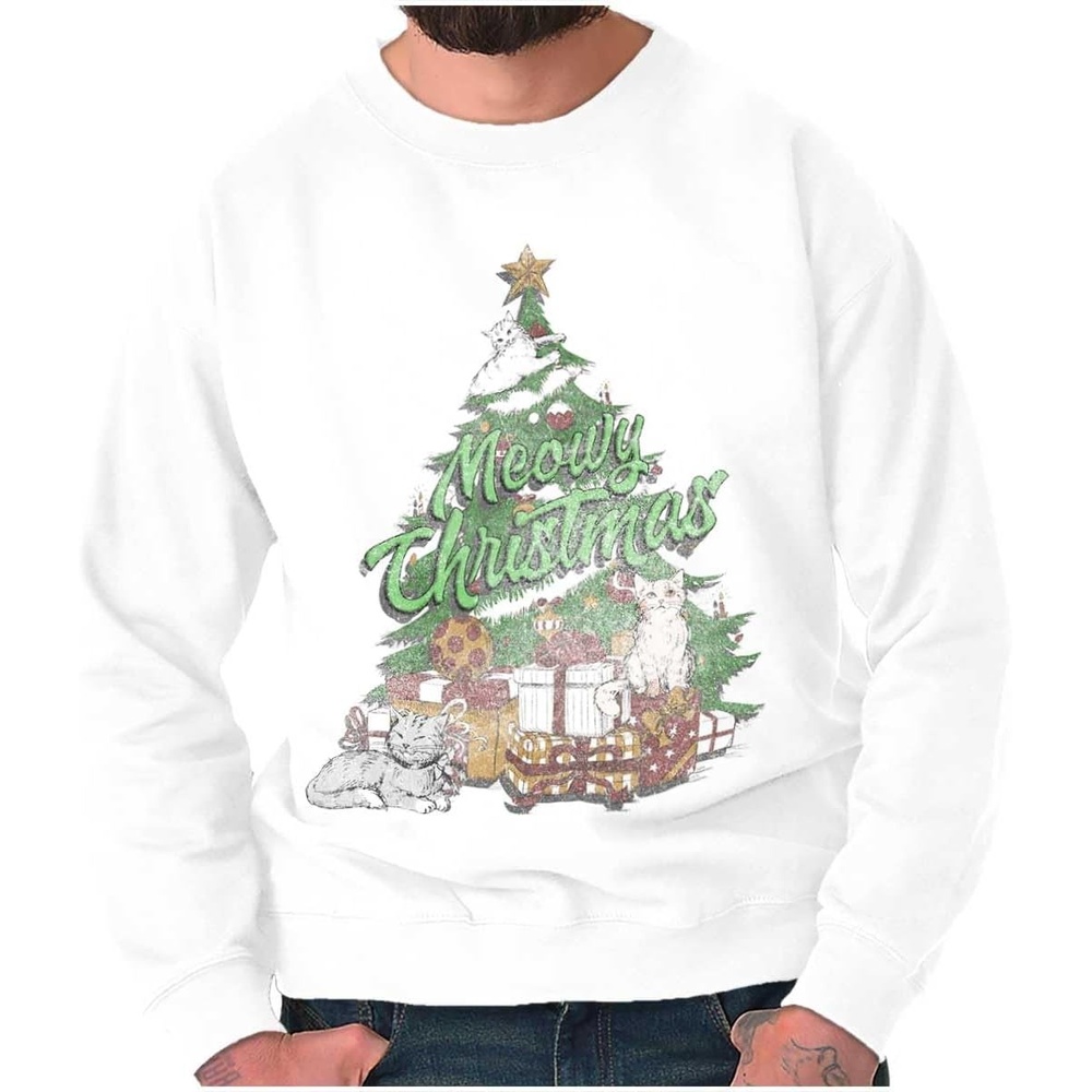 image:imageBrisco Brands Classic Meowy Christmas Tree Kittens Sweatshirt for Men or WomenWhite