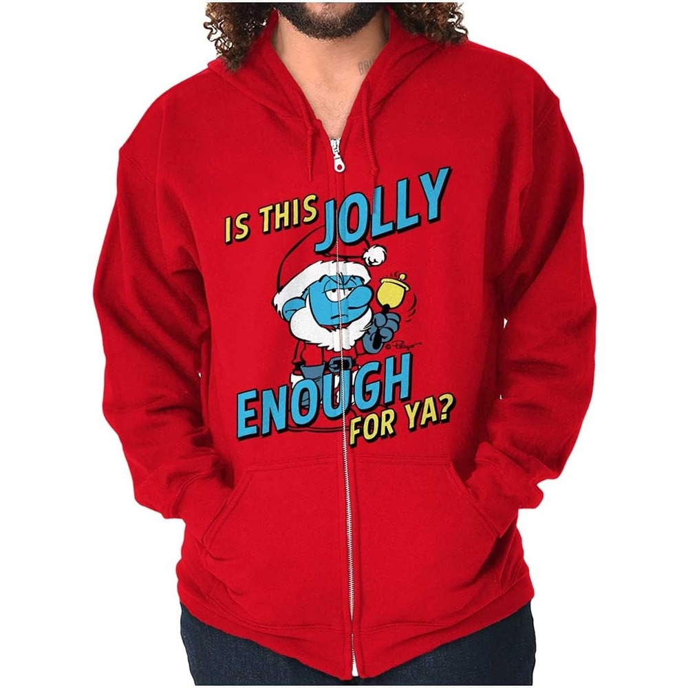 image:imageBrisco Brands Grumpy Smurf Jolly Enough Xmas Santa Zip Up Hoodie Mens Womens