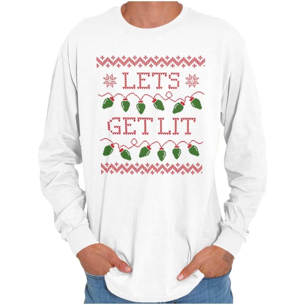 image:imageBrisco Brands Ugly Christmas Lights Lets Get Lit Long Sleeve Tshirt Men WomenWhite