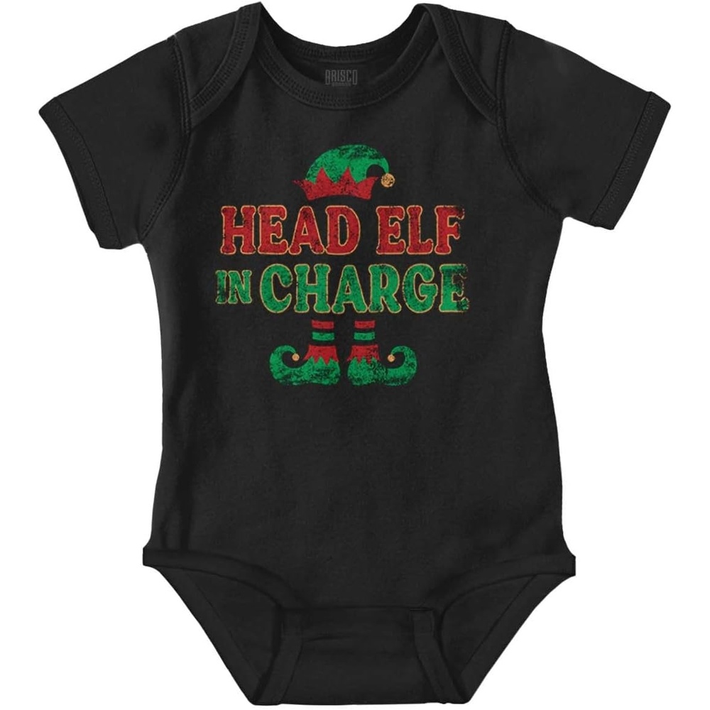 image:imageBrisco Brands Xmas Christmas Head Elf In Charge Baby Romper Boys or GirlsBlack