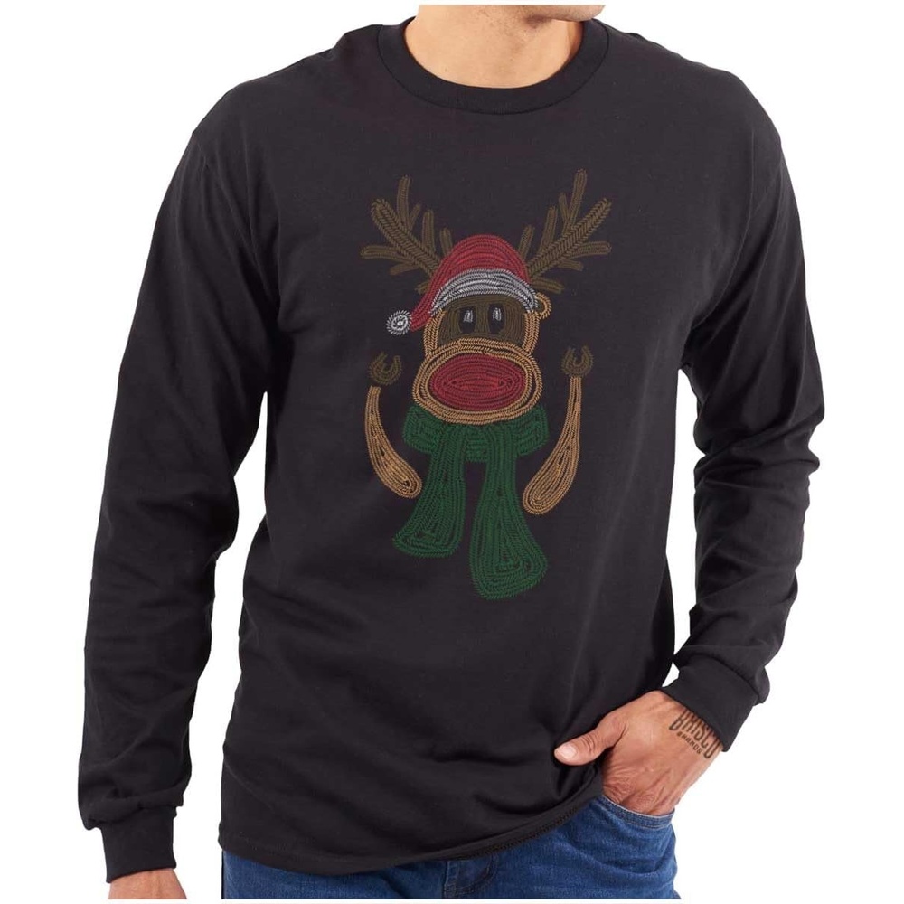 image:imageRudolph Red Nose Reindeer Knit Print Long Sleeve Tshirt Men WomenBlack