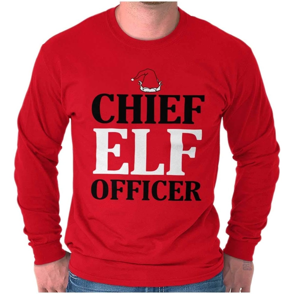 image:imageXmas Chief Elf Officer Santa Helper Long Sleeve Tshirt Men WomenRed