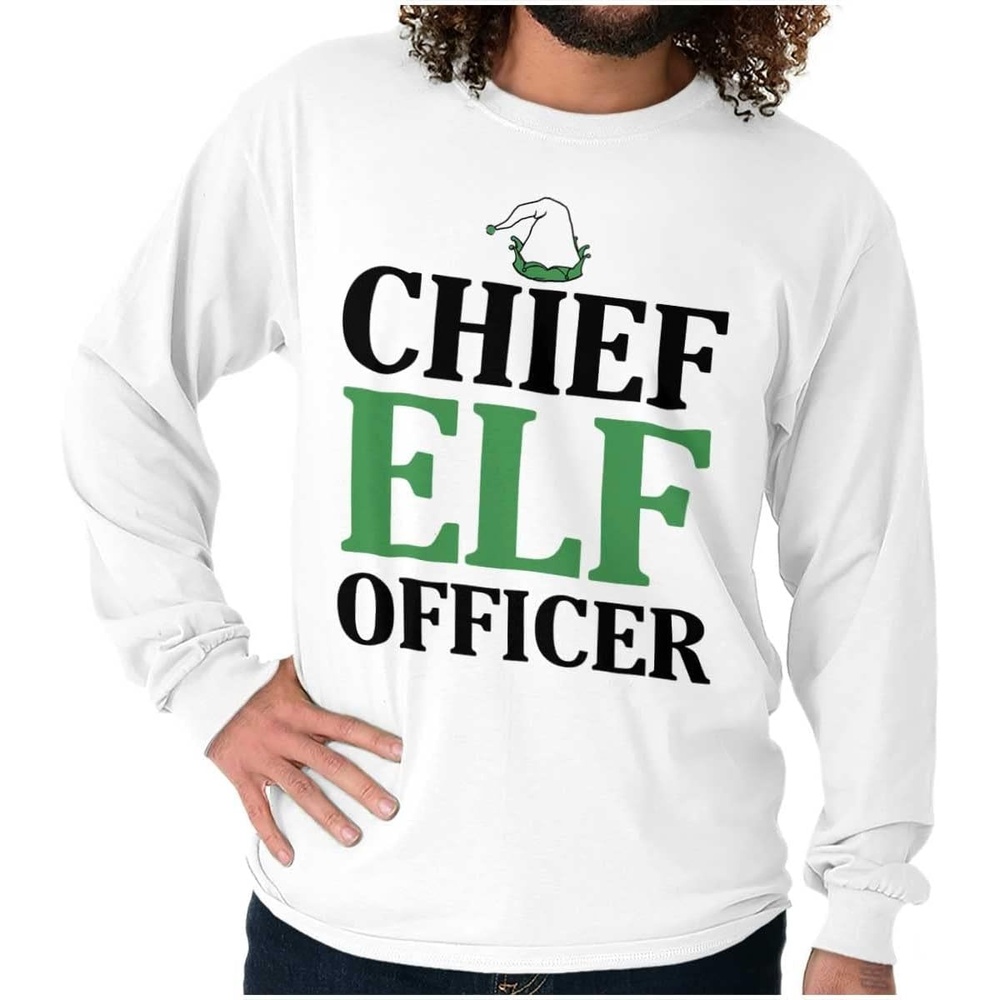 image:imageXmas Chief Elf Officer Santa Helper Long Sleeve Tshirt Men WomenWhite