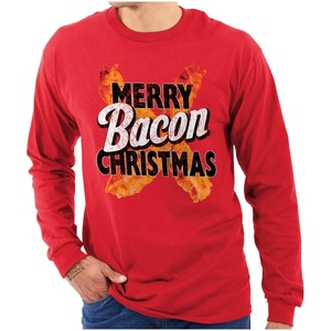 Brisco Brands Merry Christmas Bacon Meat Lover Long Sleeve Tshirt Men Women(Red)
