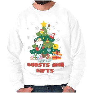 Brisco Brands PACMAN Christmas Tree Ghost and Gifts Sweatshirt for Men or Women(White)
