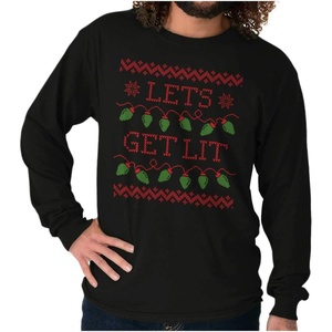 Brisco Brands Ugly Christmas Lights Lets Get Lit Long Sleeve Tshirt Men Women(Black)