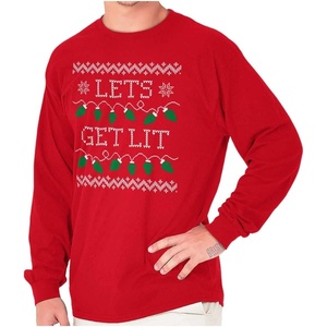 Brisco Brands Ugly Christmas Lights Lets Get Lit Long Sleeve Tshirt Men Women(Red)