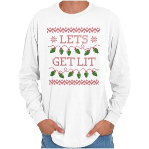 Brisco Brands Ugly Christmas Lights Lets Get Lit Long Sleeve Tshirt Men Women(White)