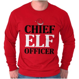 Xmas Chief Elf Officer Santa Helper Long Sleeve Tshirt Men Women(Red)