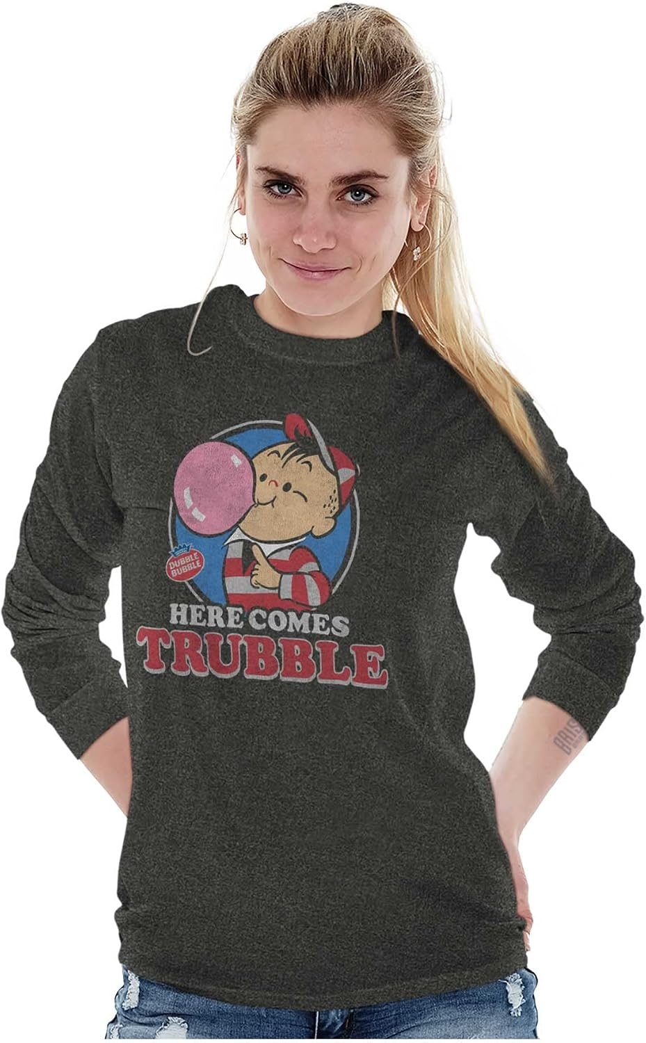image:imageVintage Dubble Bubble Here Comes Trouble Long Sleeve Tshirt Men WomenDark Heather