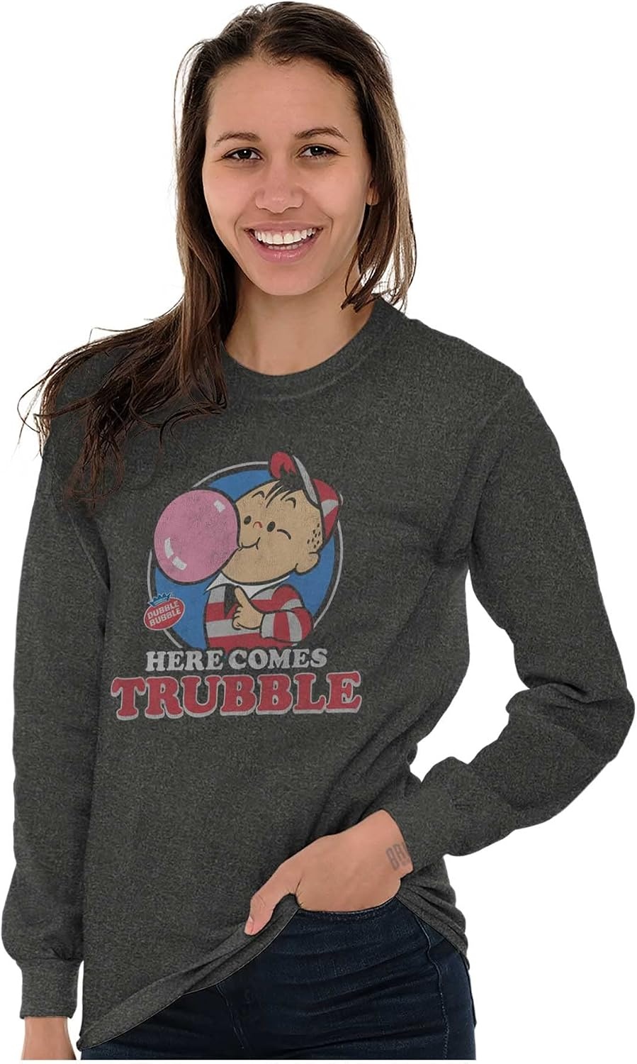 image:imageVintage Dubble Bubble Here Comes Trouble Long Sleeve Tshirt Men WomenDark Heather