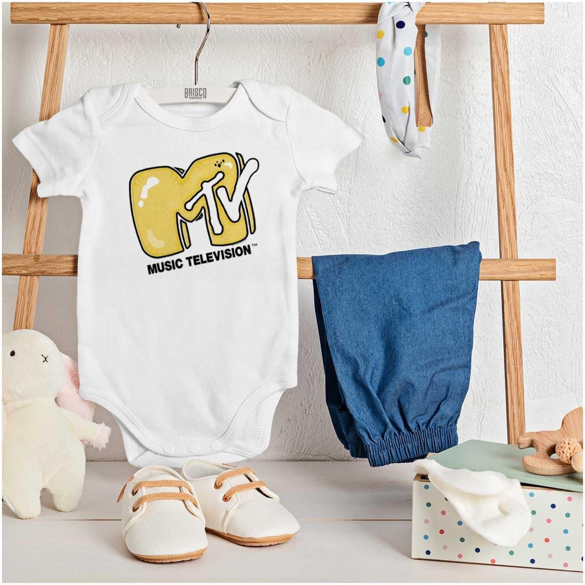 image:imageBrisco Brands Cool Retro MTV Bubble Balloon Logo Baby Romper Boys or GirlsWhite