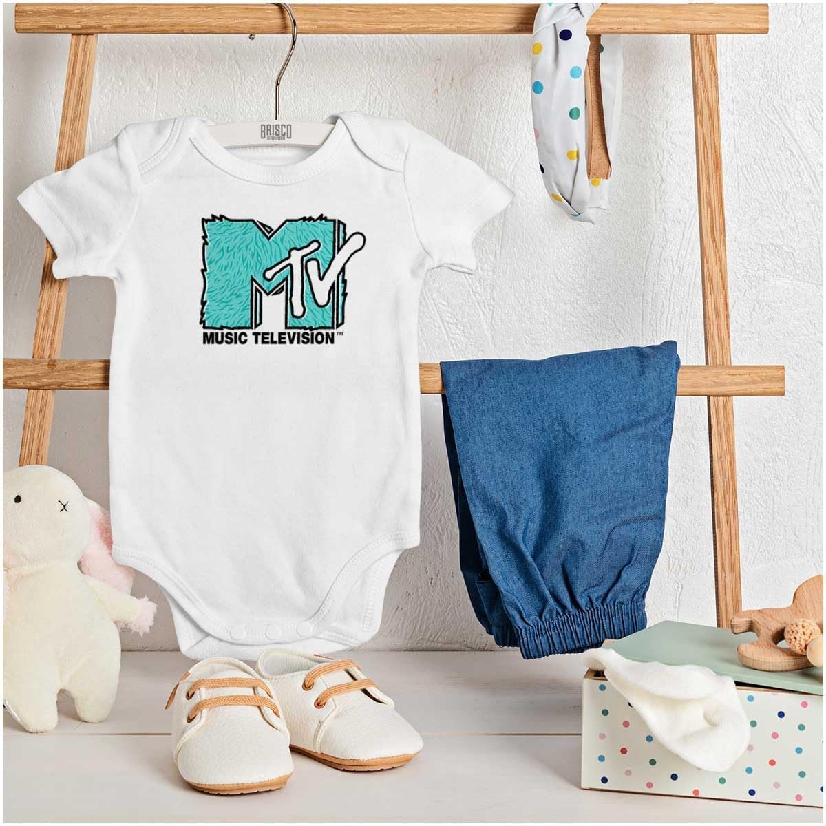 image:imageBrisco Brands Cool Retro MTV Fluffy Fur Logo Baby Romper Boys or GirlsWhite
