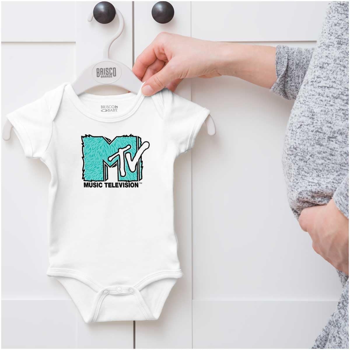 image:imageBrisco Brands Cool Retro MTV Fluffy Fur Logo Baby Romper Boys or GirlsWhite