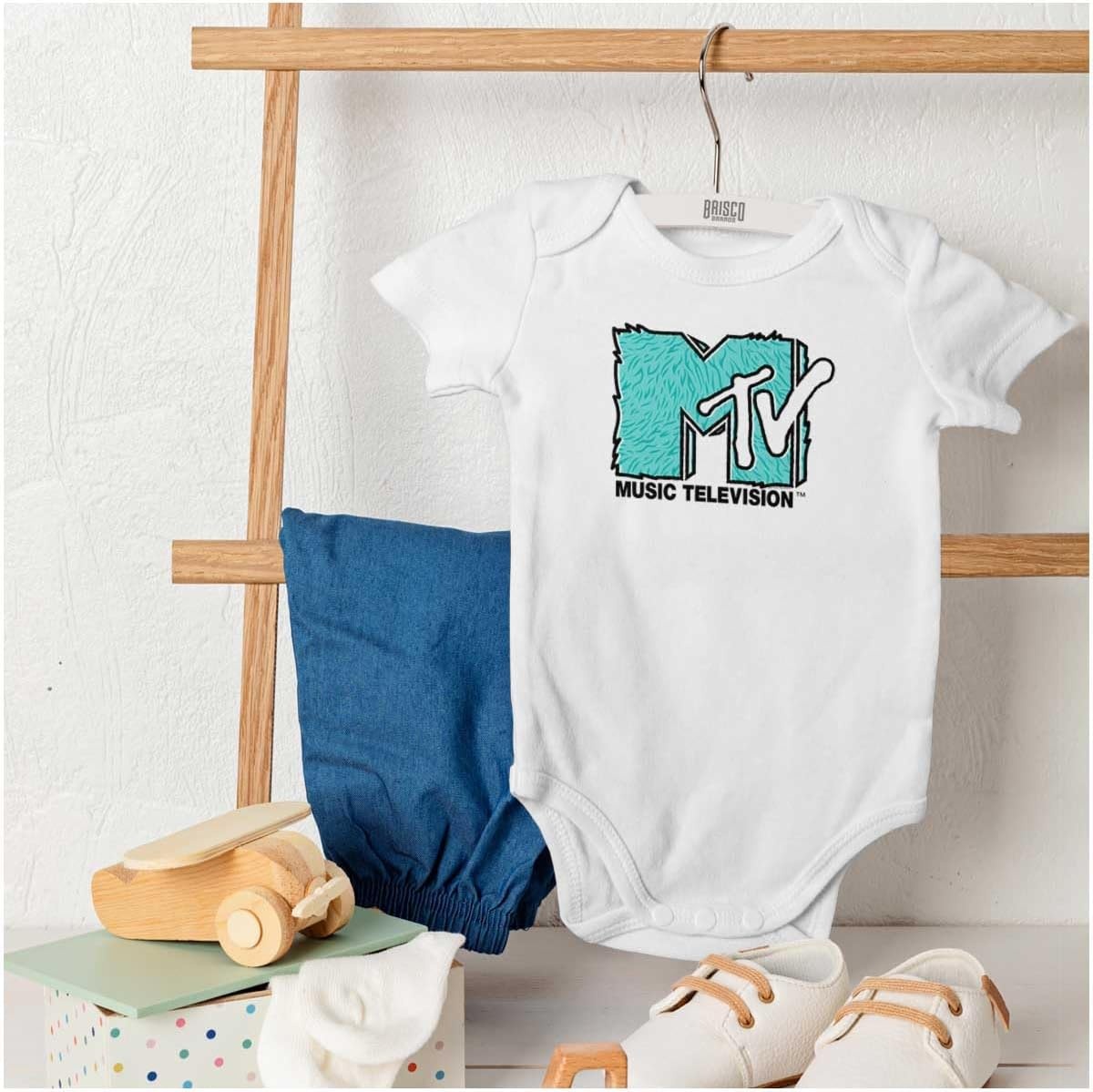image:imageBrisco Brands Cool Retro MTV Fluffy Fur Logo Baby Romper Boys or GirlsWhite