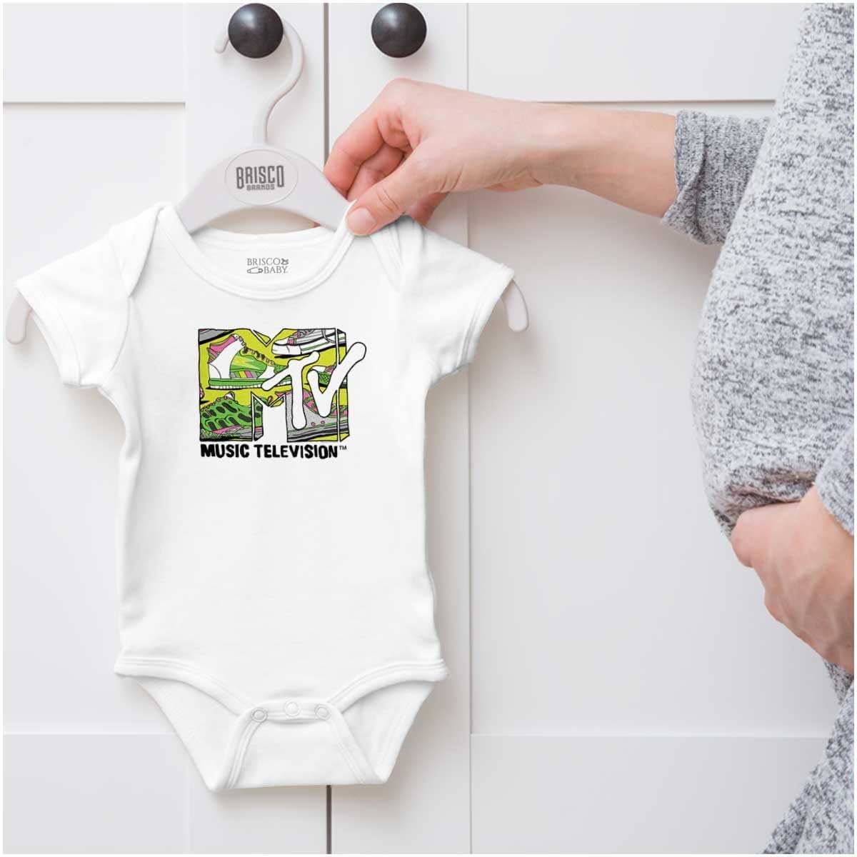 image:imageBrisco Brands Cool Retro MTV Sneaker Print Logo Baby Romper Boys or GirlsWhite