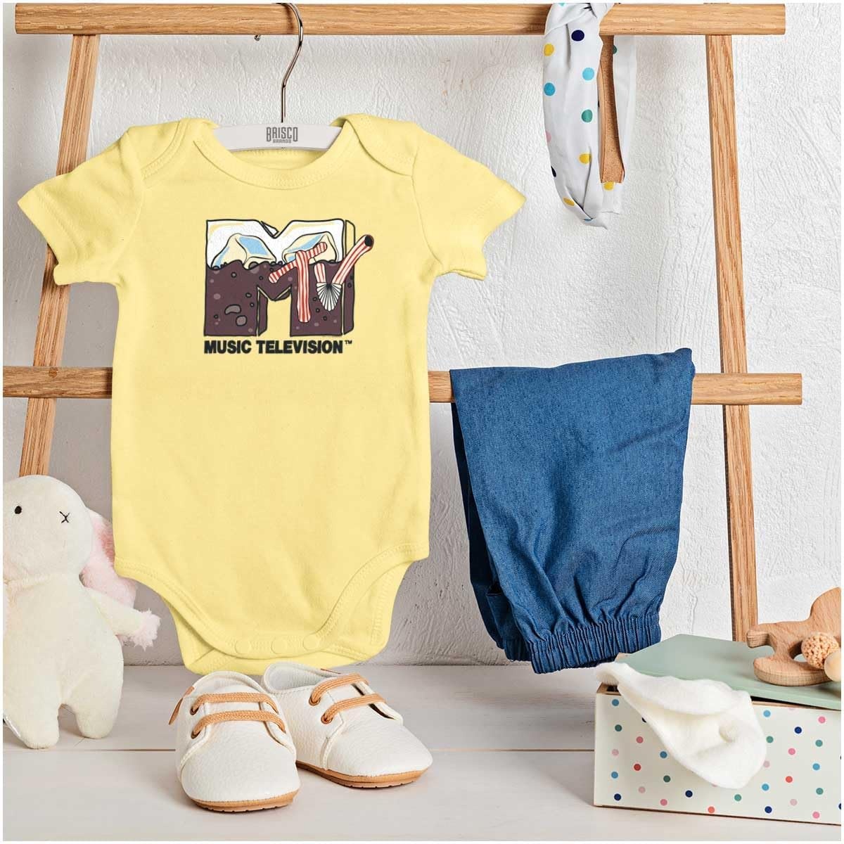 image:imageBrisco Brands Cool Retro MTV Soda Pop Drink Logo Baby Romper Boys or GirlsBanana
