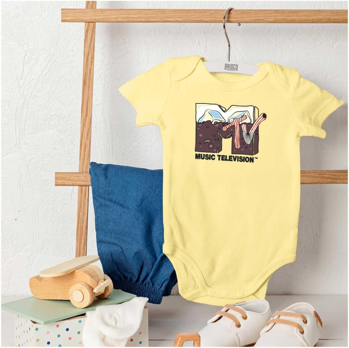 image:imageBrisco Brands Cool Retro MTV Soda Pop Drink Logo Baby Romper Boys or GirlsBanana