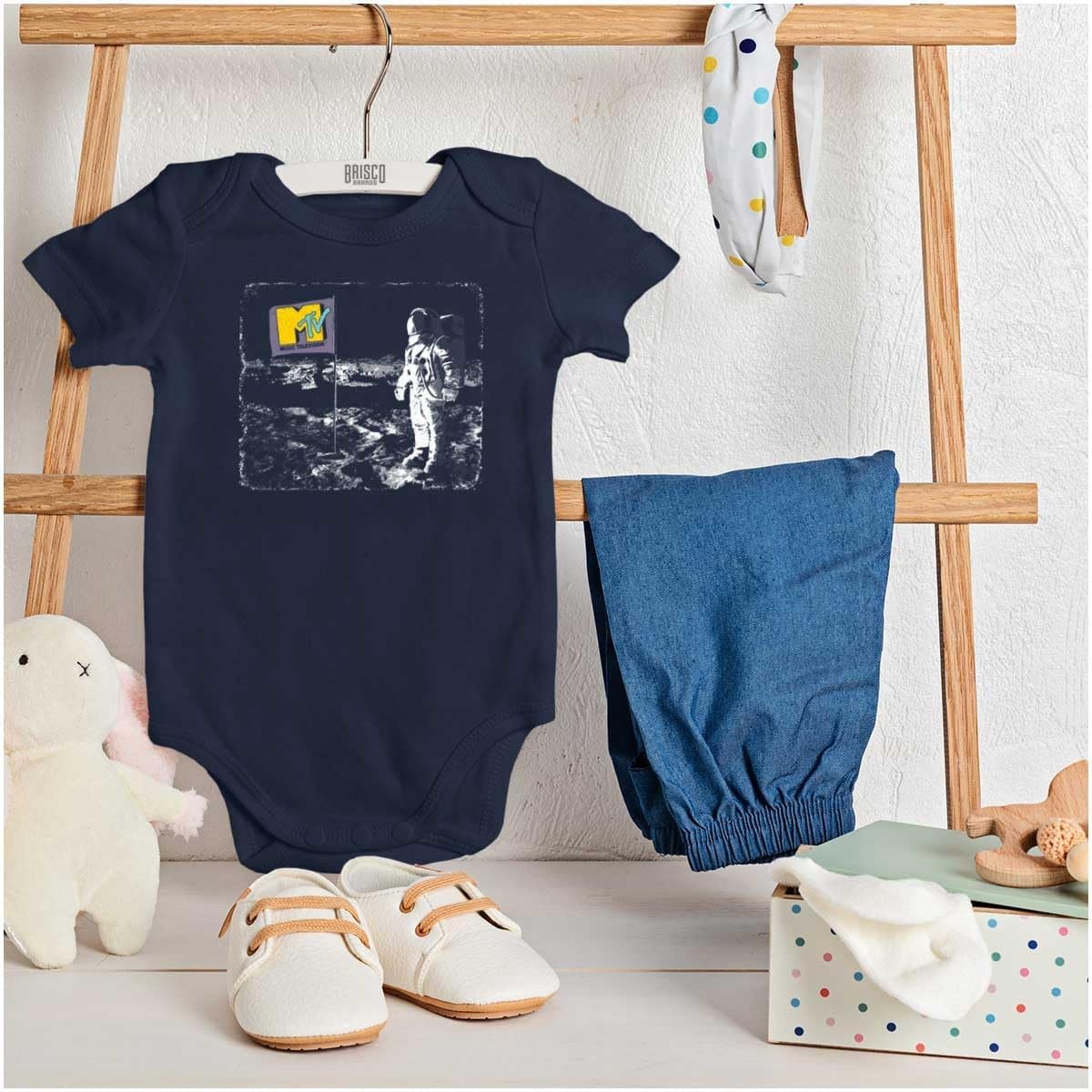 image:imageBrisco Brands MTV Logo Moon Man Space Landing Baby Romper Boys or GirlsNavy