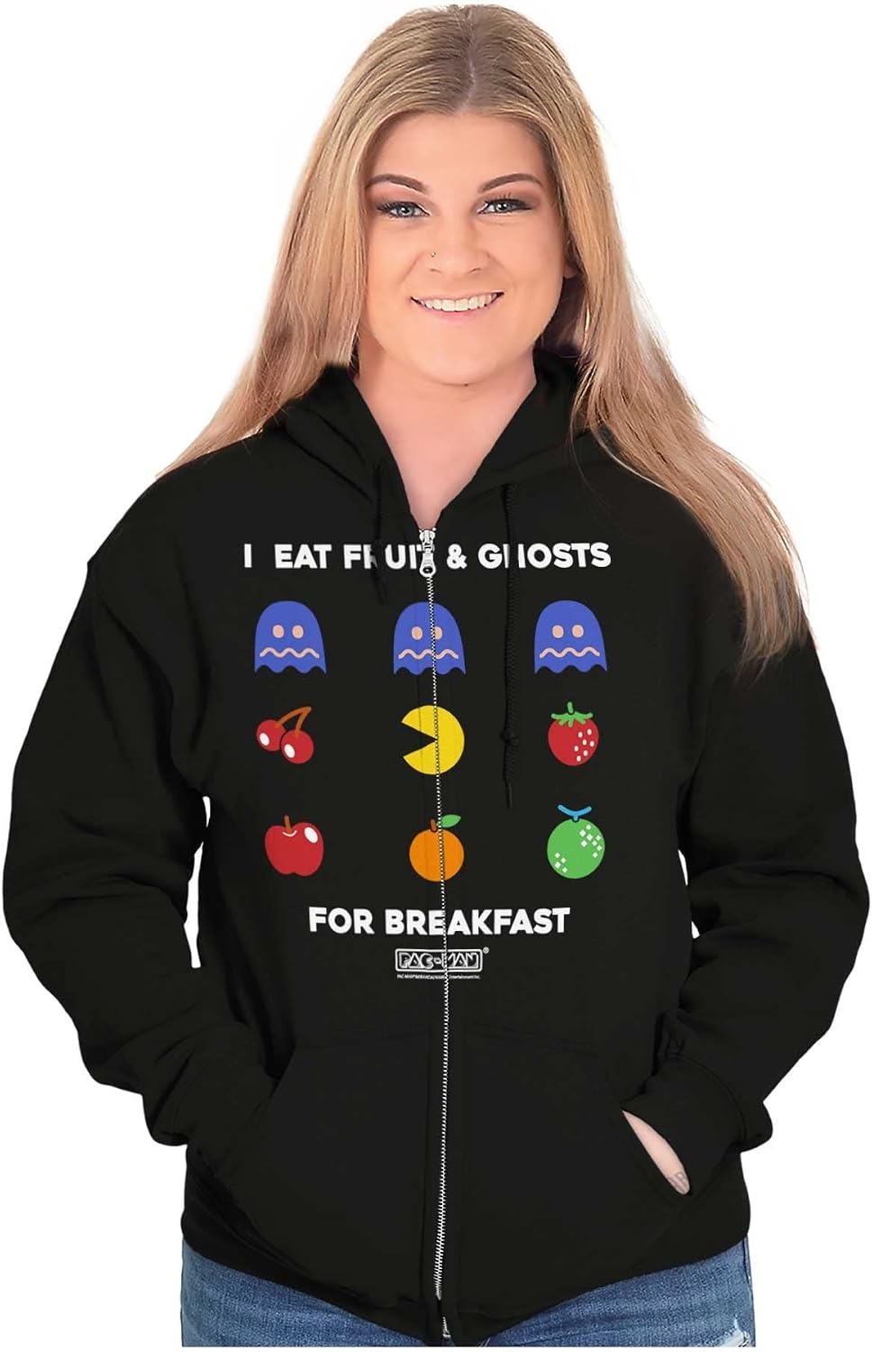 image:imageBrisco Brands PACMAN Fruit and Ghosts for Breakfast Zip Up Hoodie Mens Womens