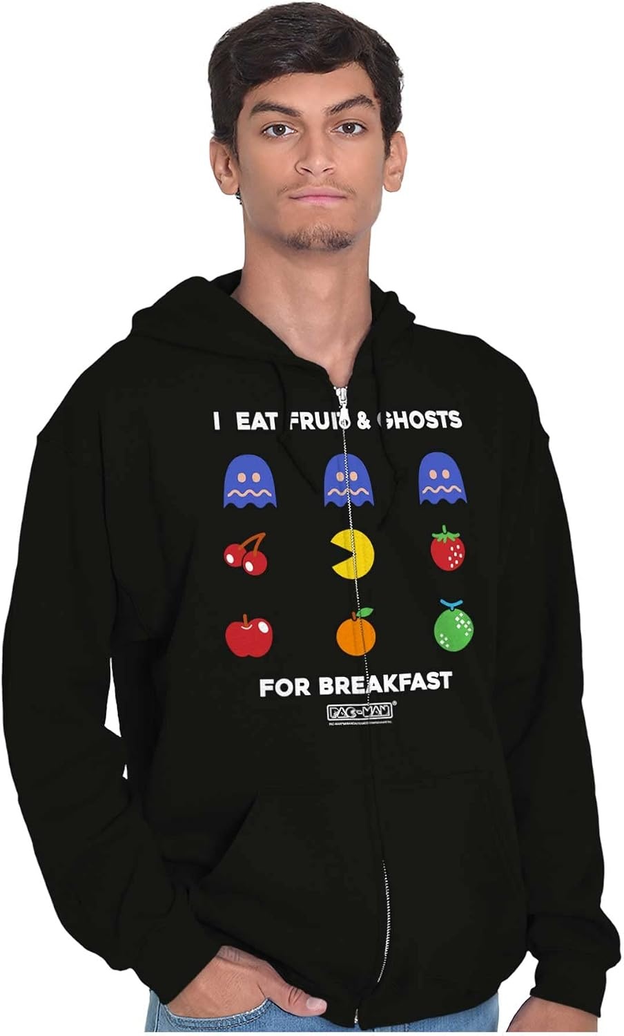 image:imageBrisco Brands PACMAN Fruit and Ghosts for Breakfast Zip Up Hoodie Mens Womens