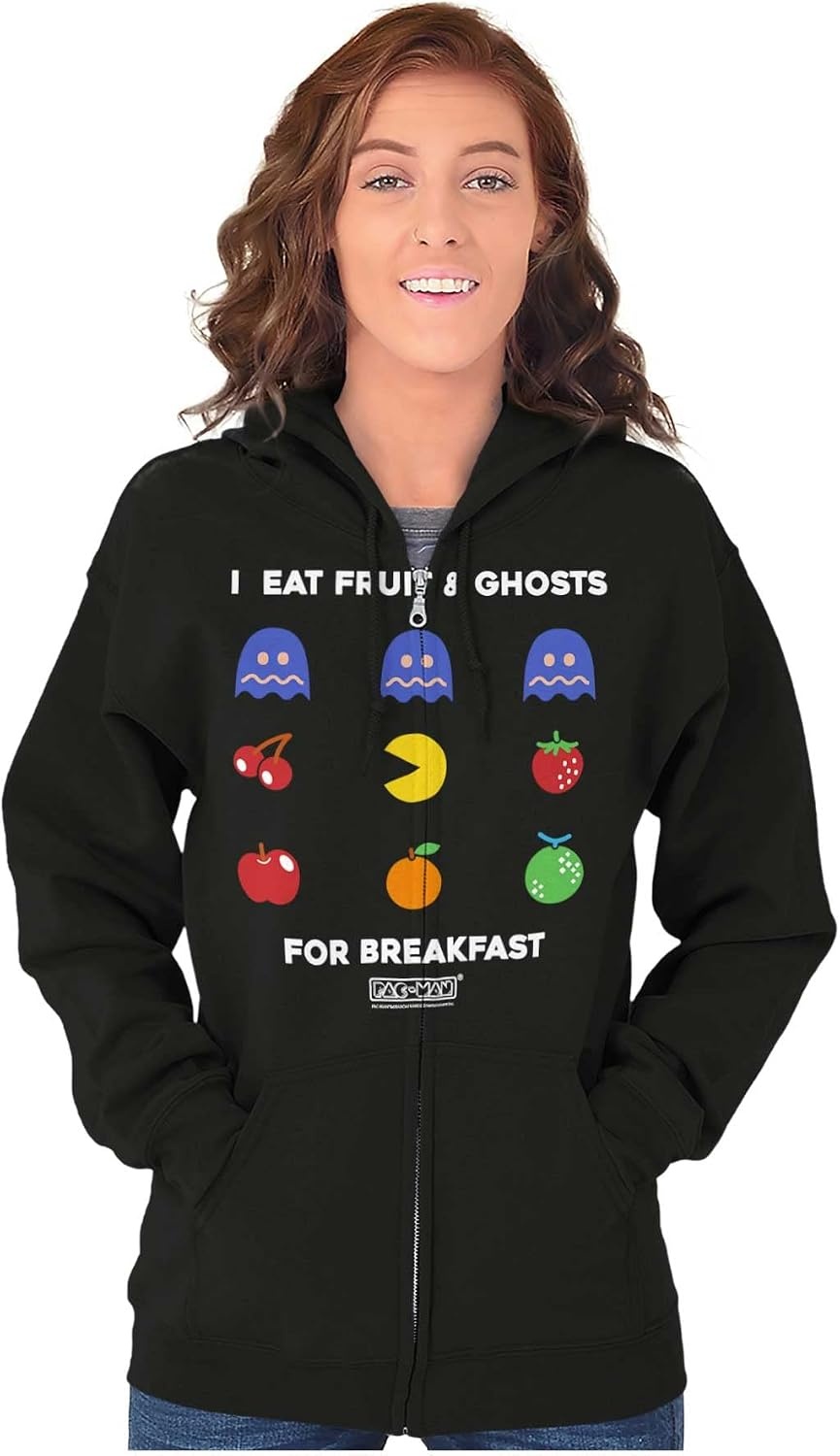 image:imageBrisco Brands PACMAN Fruit and Ghosts for Breakfast Zip Up Hoodie Mens Womens