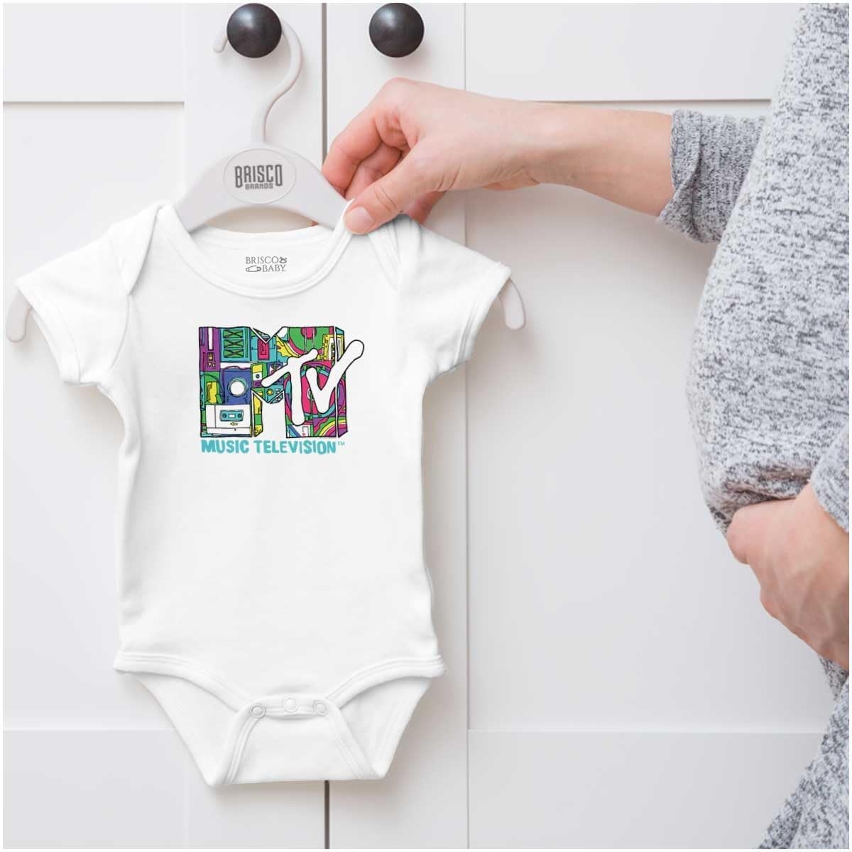 image:imageBrisco Brands Retro 80s MTV Music Technology Logo Baby Romper Boys or GirlsWhite