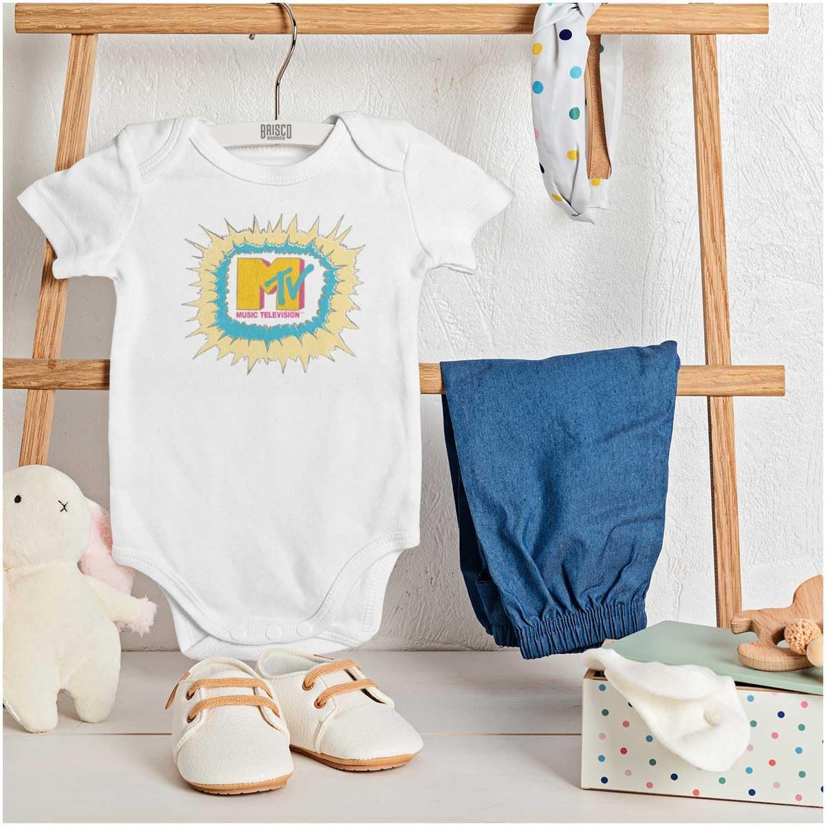 image:imageBrisco Brands Retro Classic MTV Logo Explosion Baby Romper Boys or GirlsWhite