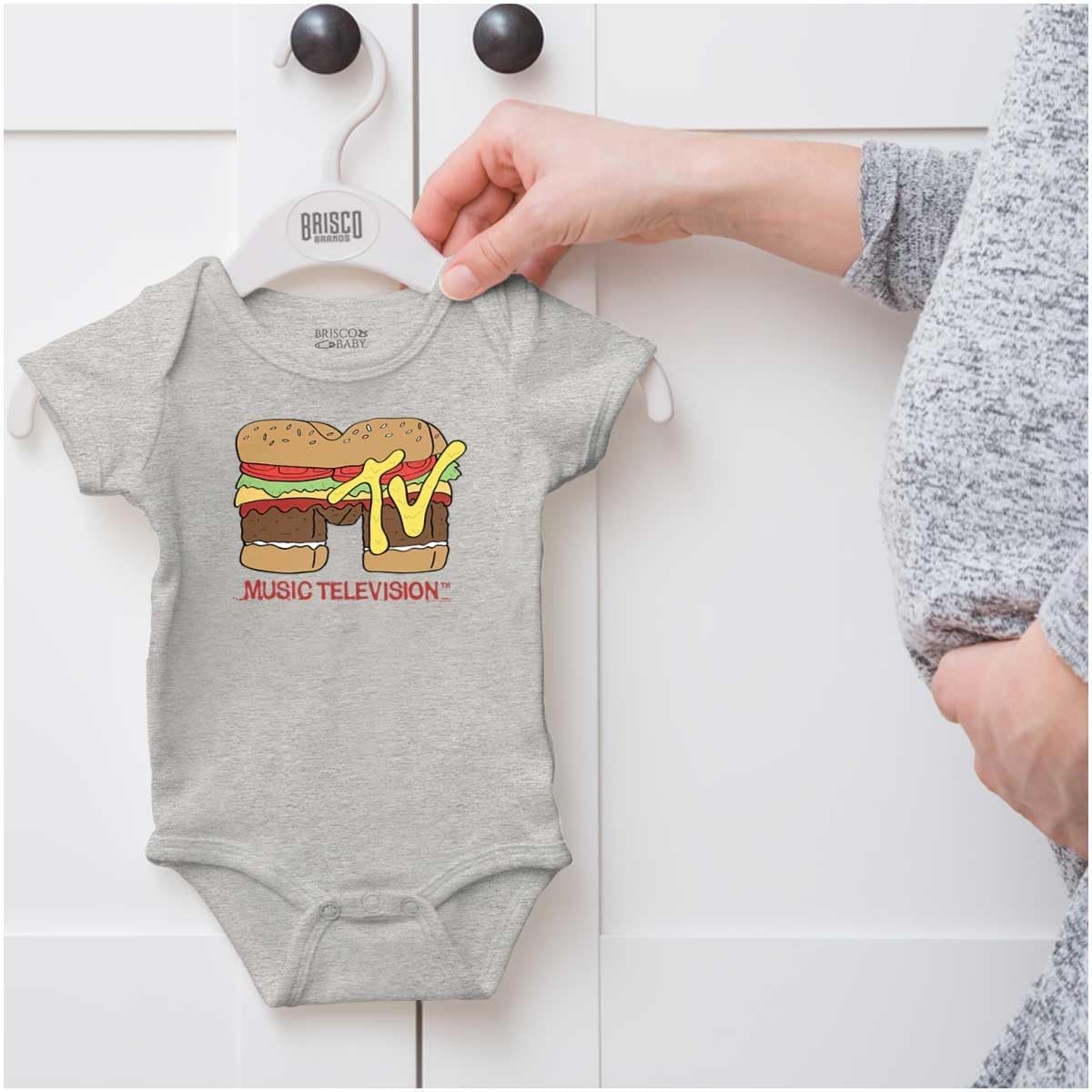 image:imageBrisco Brands Retro MTV Cheese Burger Food Logo Baby Romper Boys or GirlsHeather
