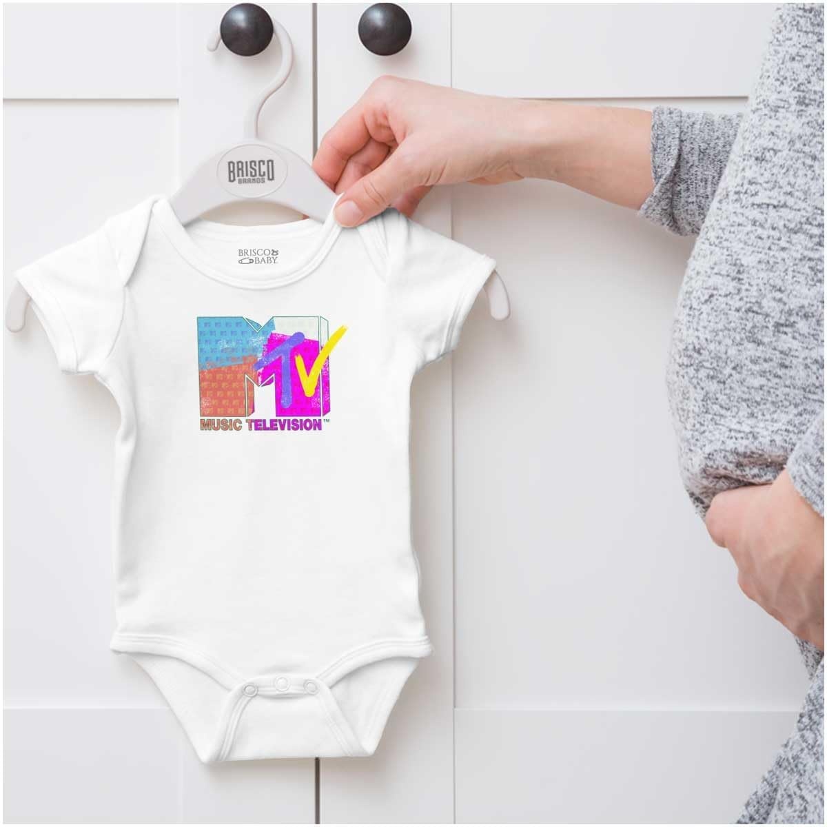 image:imageBrisco Brands Retro MTV Color Block Stamps Logo Baby Romper Boys or GirlsWhite