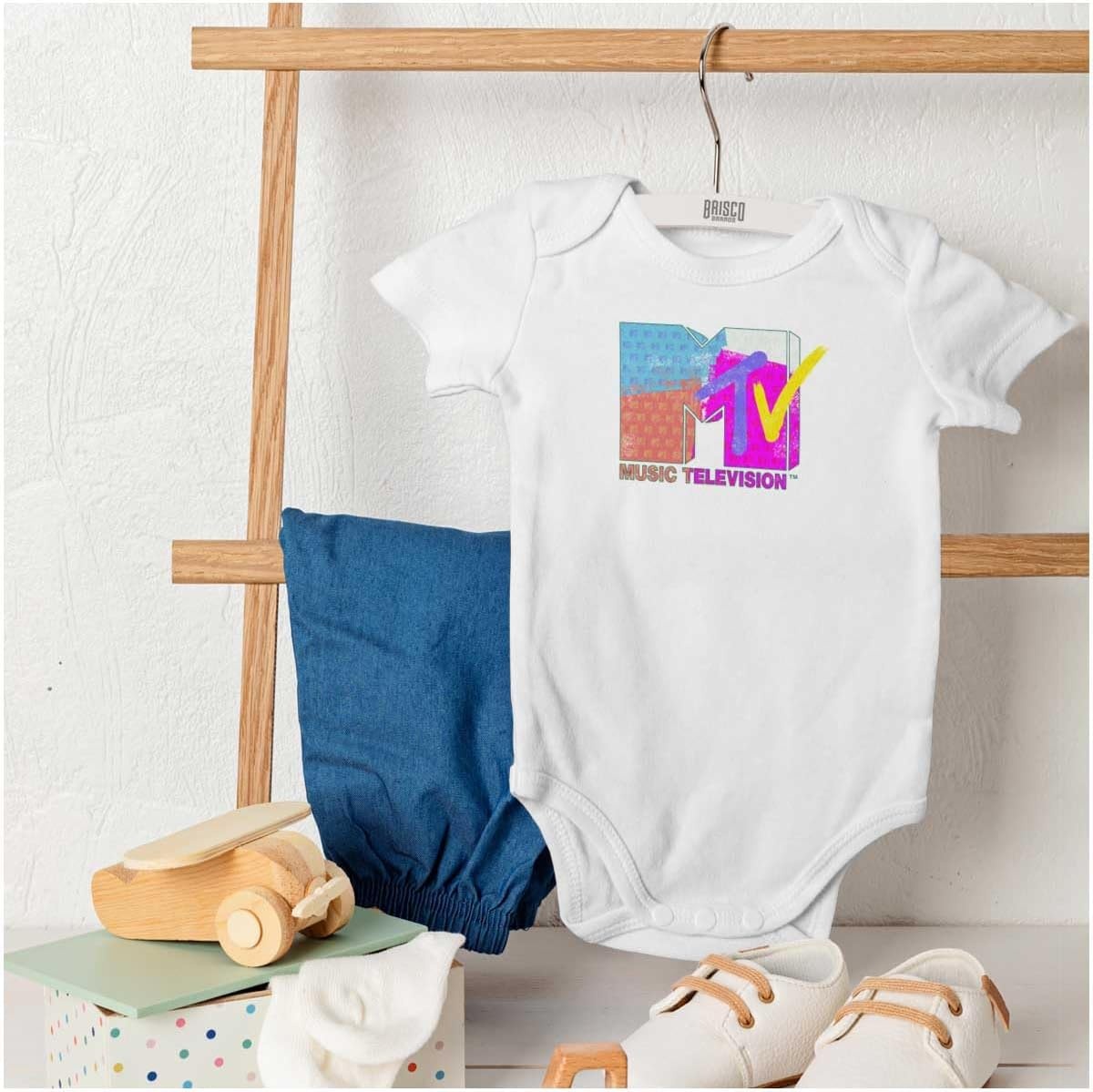 image:imageBrisco Brands Retro MTV Color Block Stamps Logo Baby Romper Boys or GirlsWhite