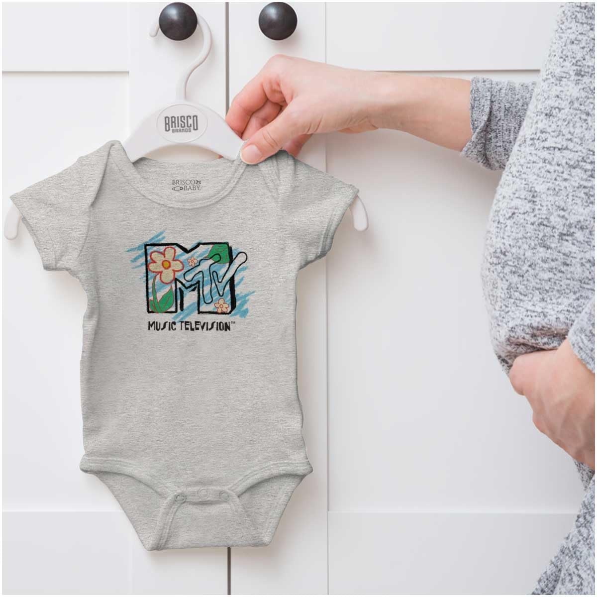 image:imageBrisco Brands Retro MTV Crayon Sunflowers Logo Baby Romper Boys or GirlsHeather