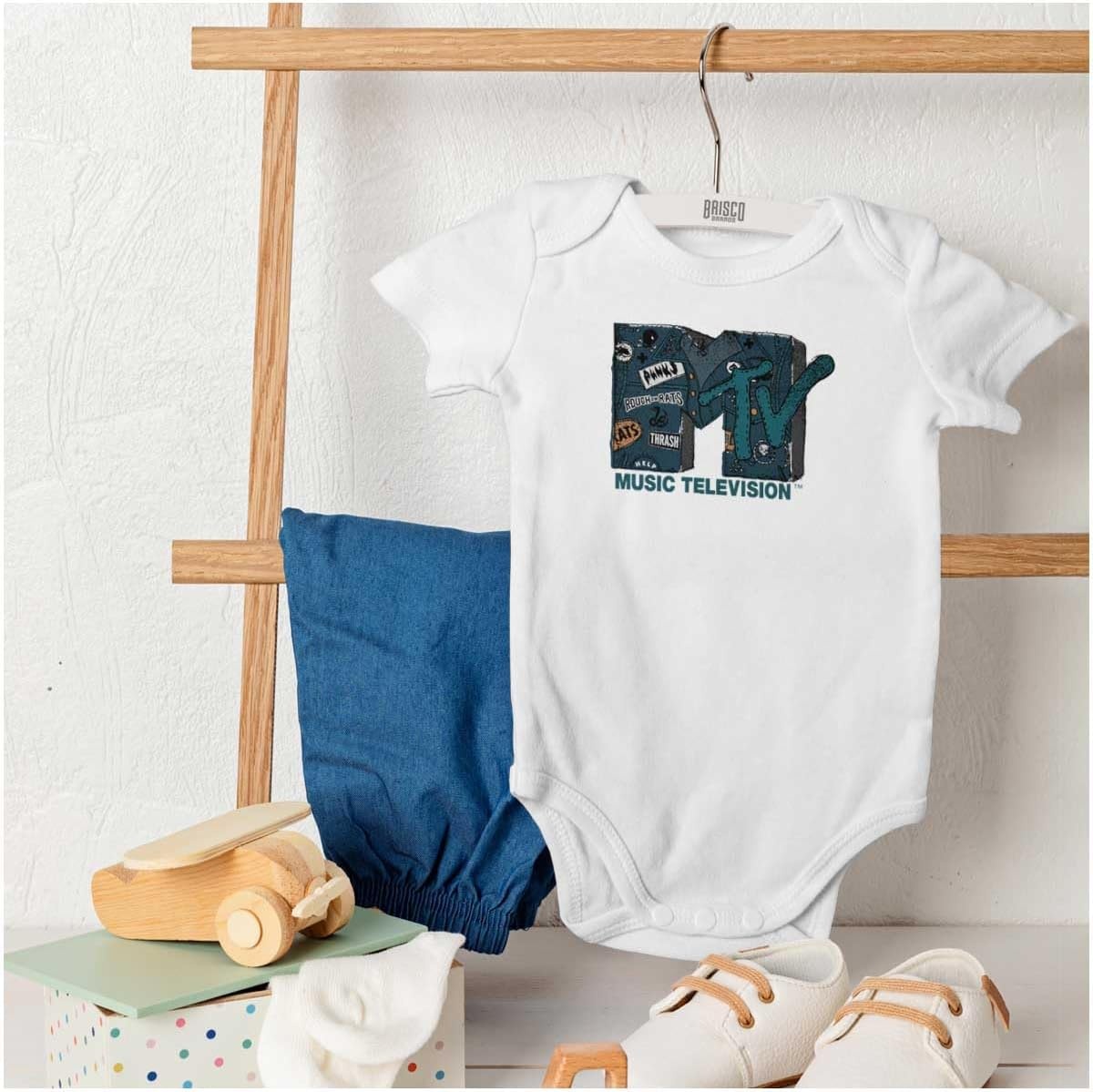 image:imageBrisco Brands Retro MTV Distressed Denim Logo Baby Romper Boys or GirlsWhite
