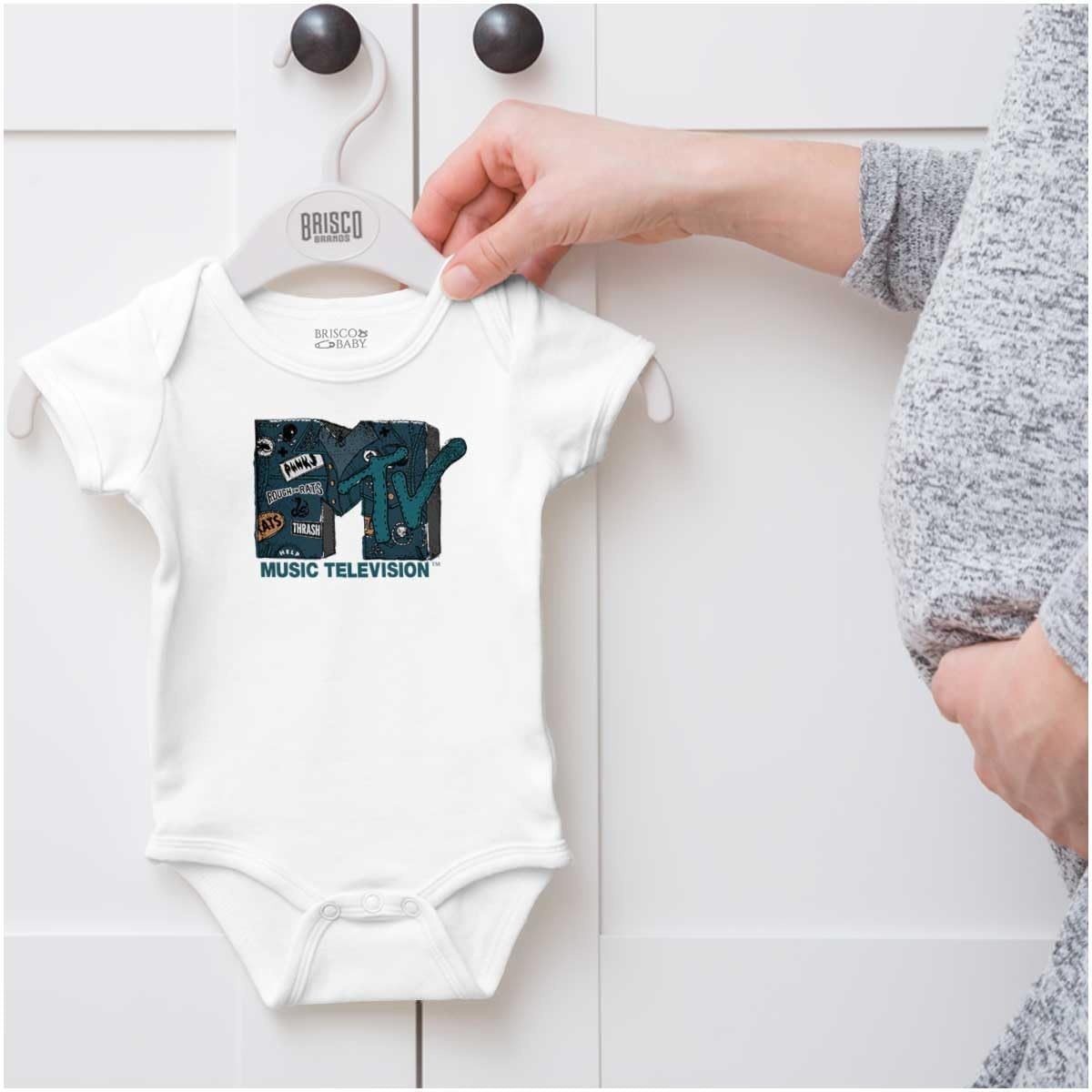image:imageBrisco Brands Retro MTV Distressed Denim Logo Baby Romper Boys or GirlsWhite