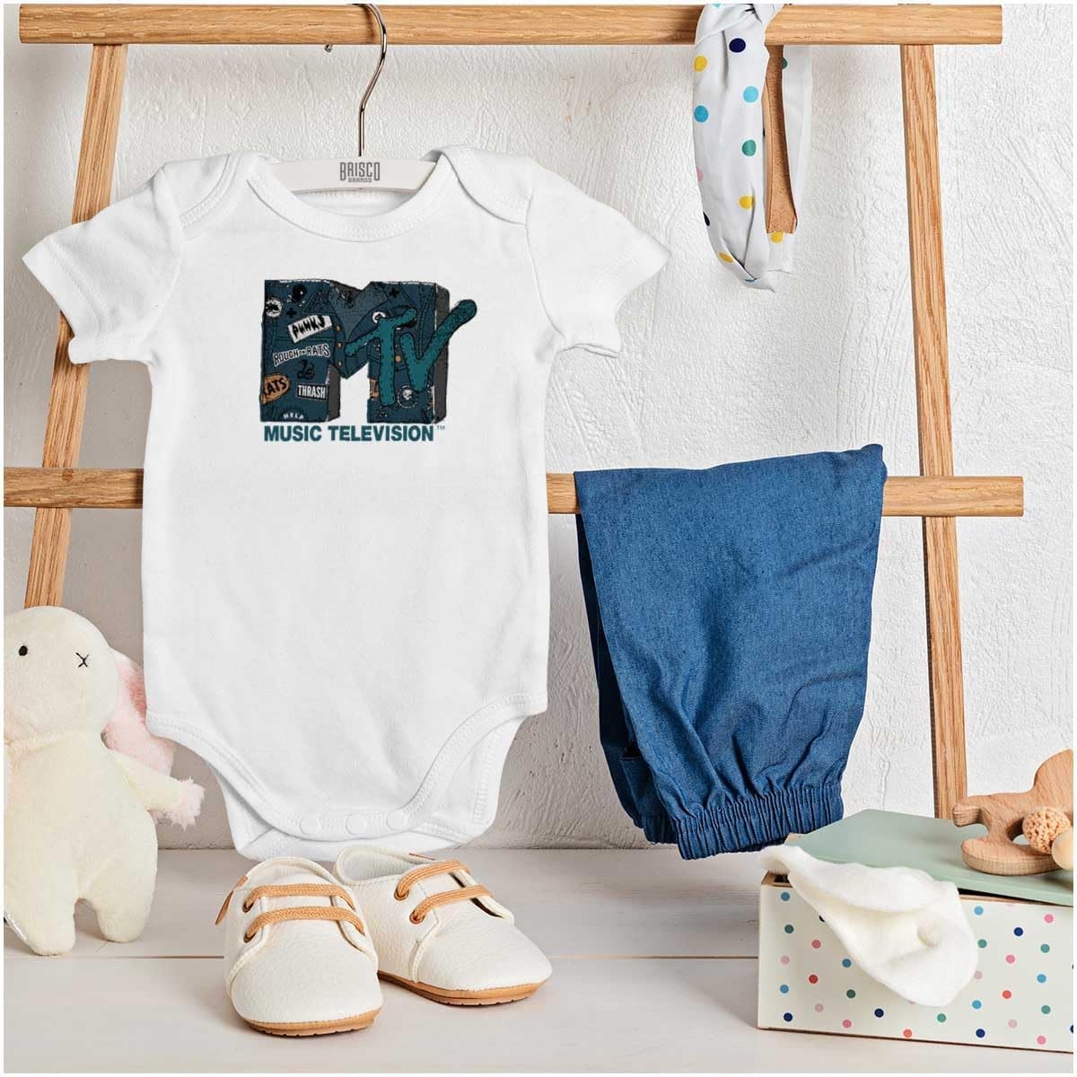 image:imageBrisco Brands Retro MTV Distressed Denim Logo Baby Romper Boys or GirlsWhite